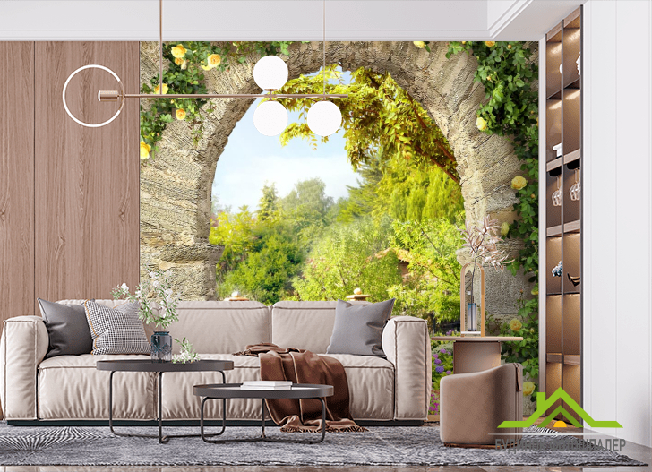 Фотошпалери жовті троянди на кам'яної арки