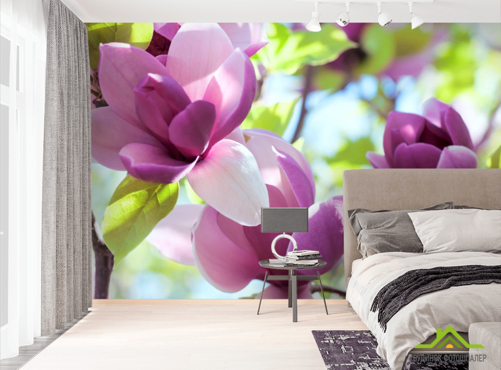 выбрать Фотообои бело-фиолетовые цветы на дереве Фотообои Цветы на стену