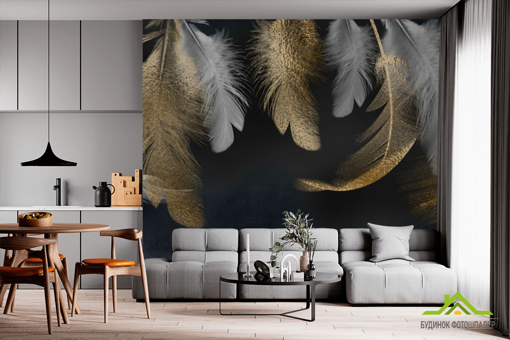 Фотошпалери золоті пір'я на чорному