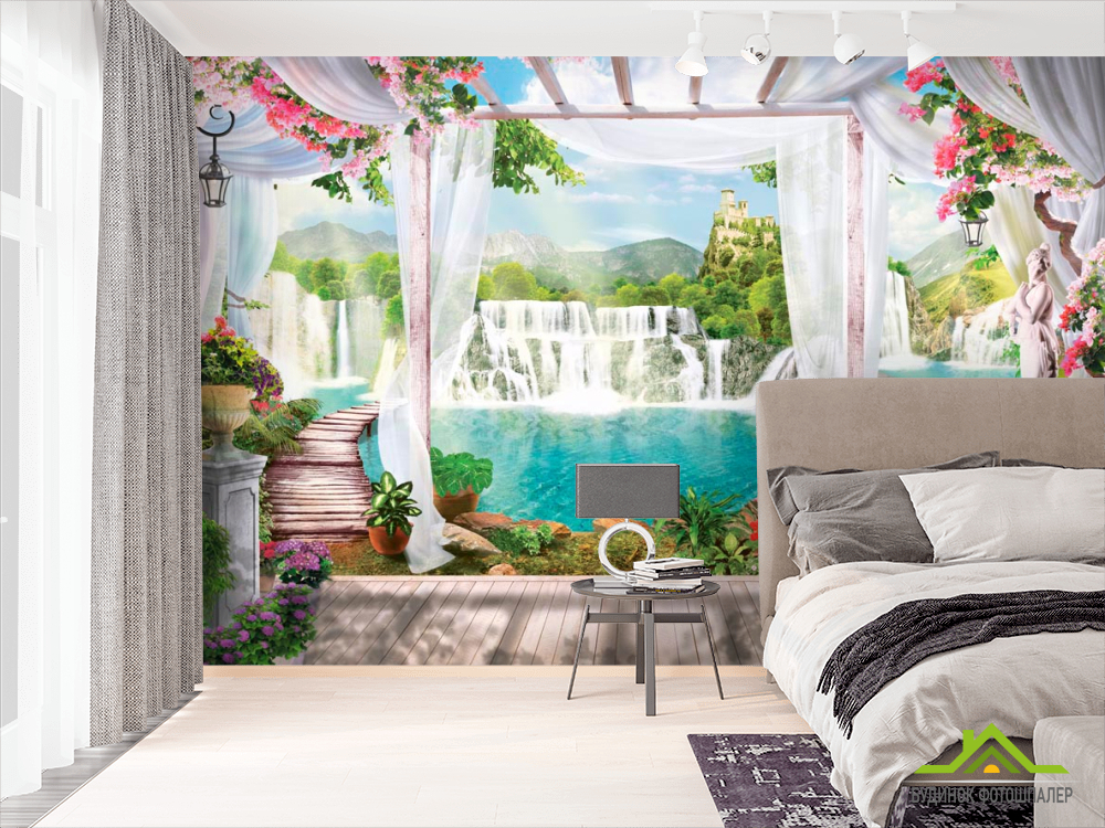 Фотошпалери Водоспад, замок, квіти