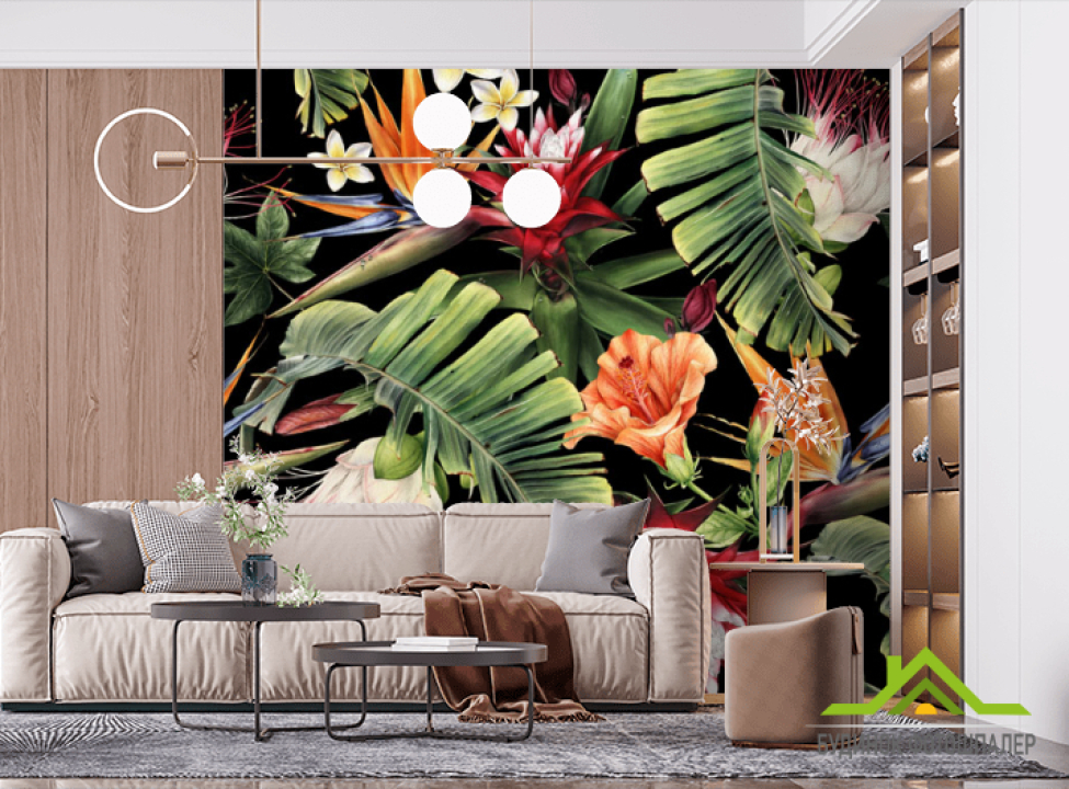 выбрать Фотошпалери Тропічні листя на чорному Фотошпалери тропічні листя на стіну