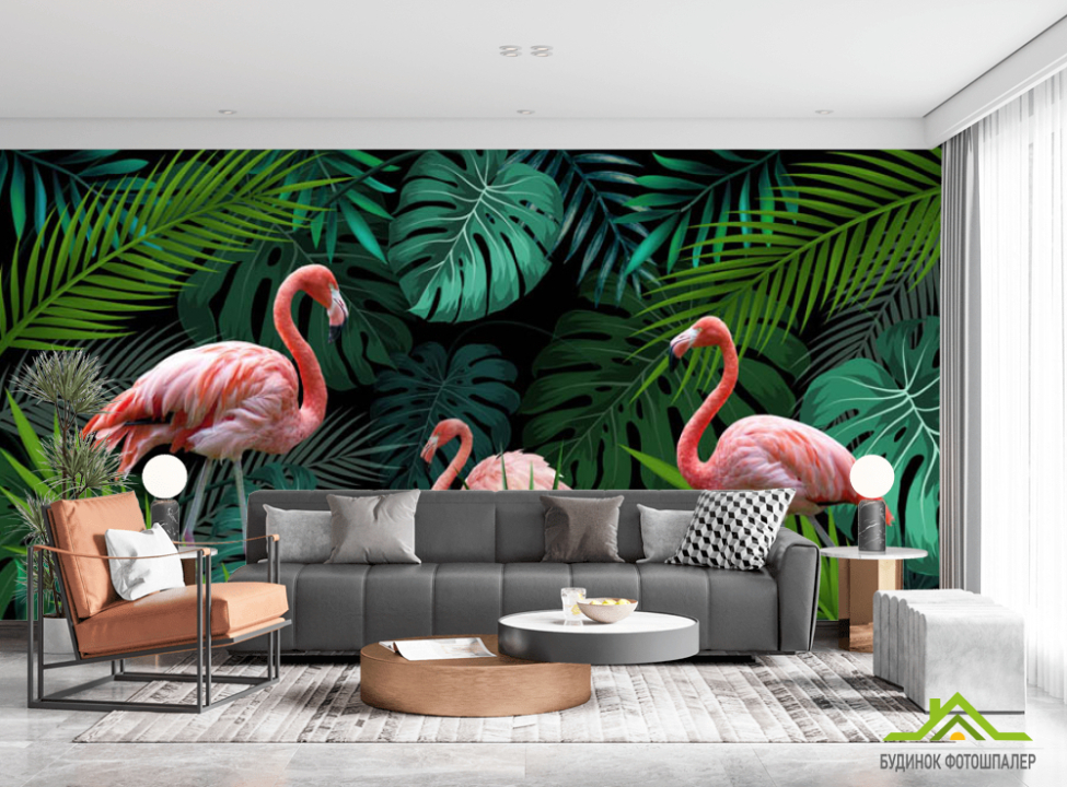 выбрать Фотошпалери фламінго на тропічних листках Фотошпалери різні на стіну