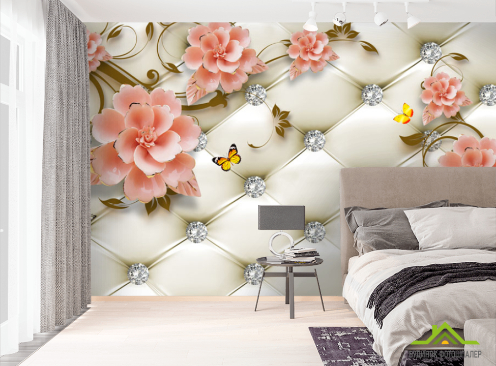 выбрать Фотошпалери Керамічні квіти на тлі оббивки Фотошпалери 3Д на стіну