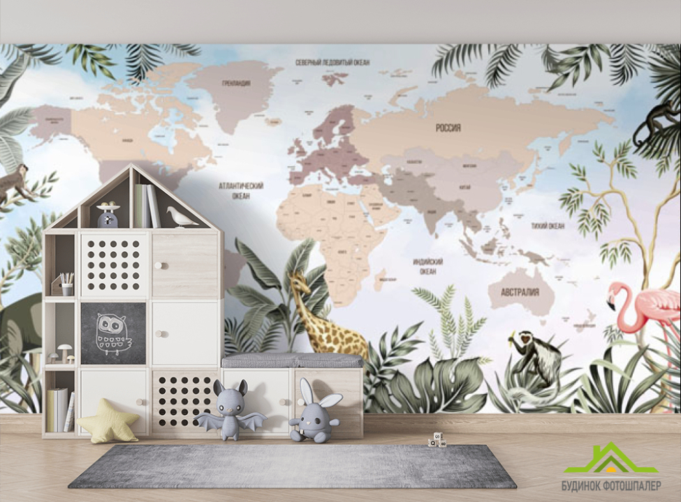выбрать Фотошпалери Карта з тваринами Фотошпалери Розвиваючі карти на стіну