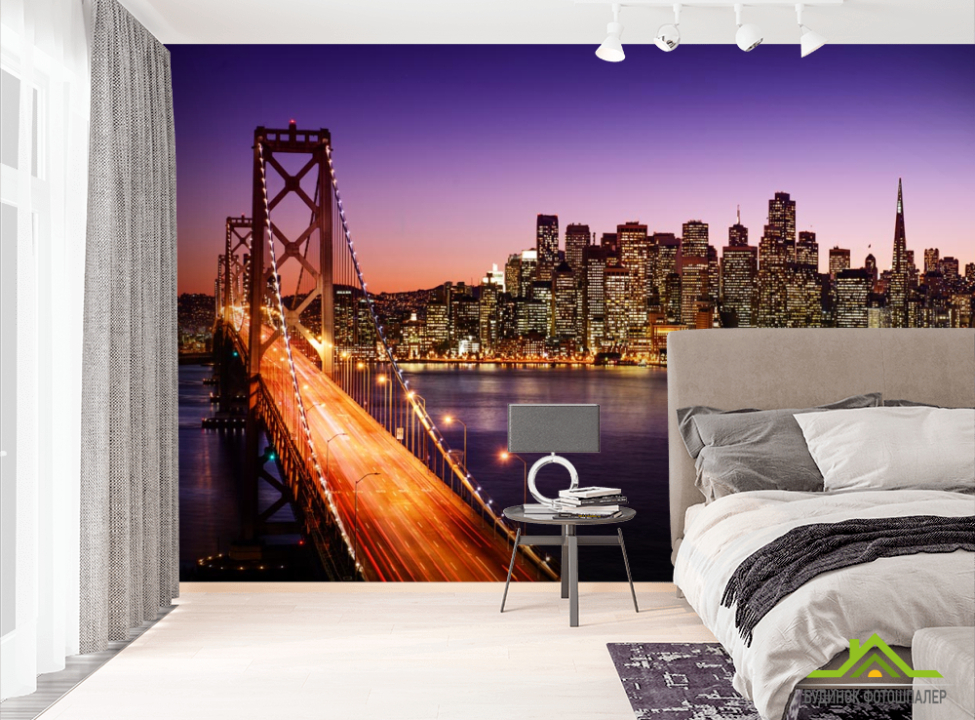 выбрать Фотошпалери мегаполіс над річкою фіолетовою Фотошпалери Місто на стіну