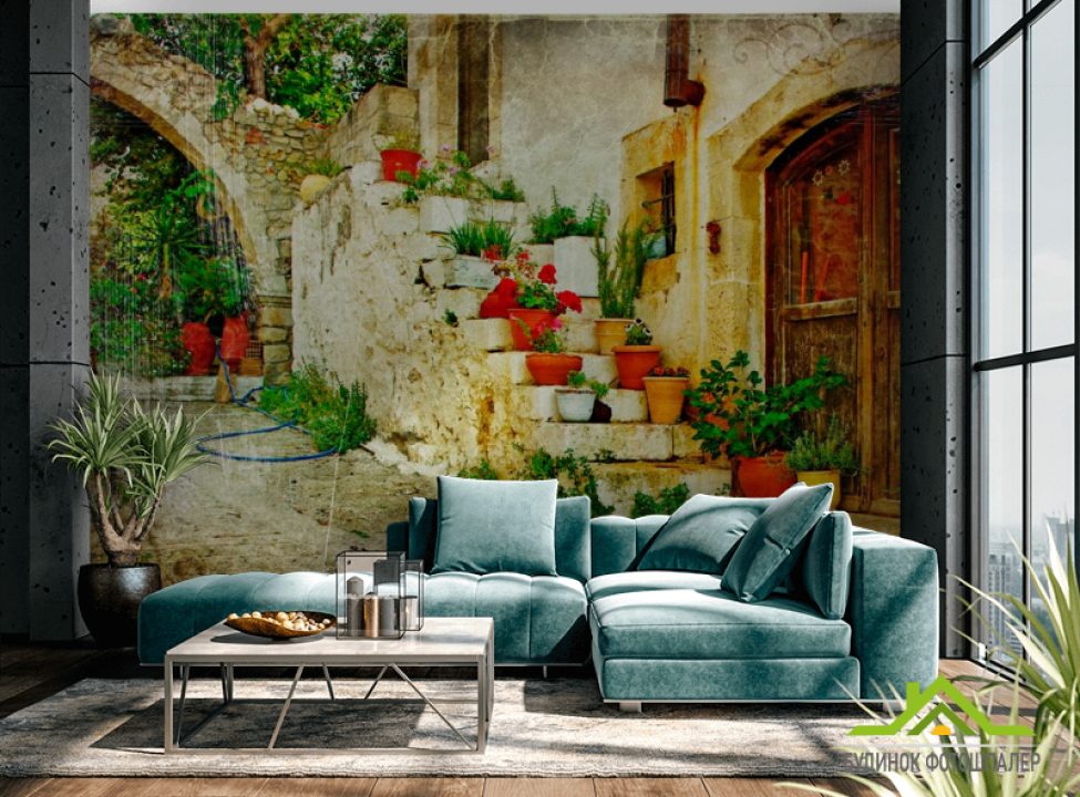 выбрать Фотошпалери Квіти в горщиках на сходинках Фотошпалери Вулиці на стіну