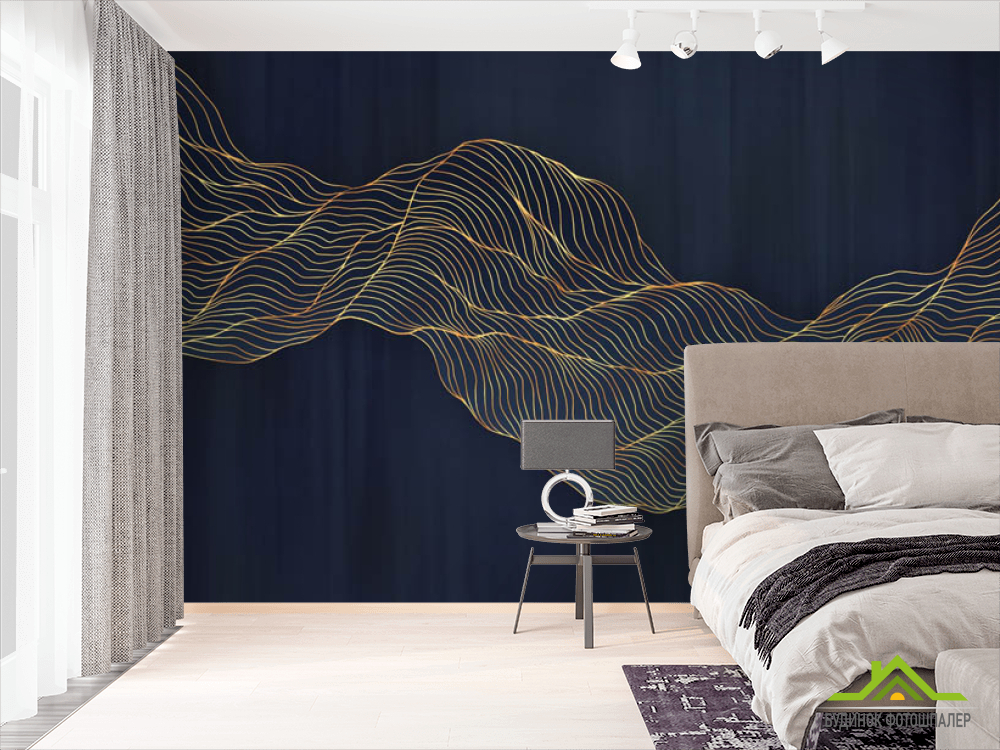 Фотошпалери абстрактні хвилі золоті на синьому тлі