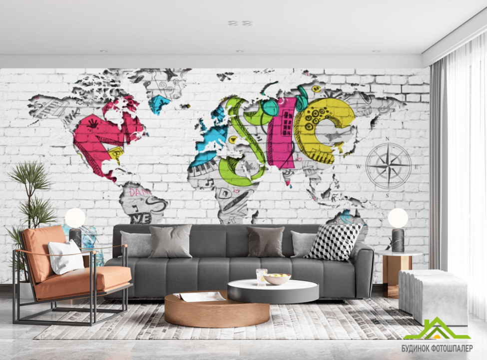 выбрать Фотошпалери Карта на тлі цегли Фотошпалери карта Світу на стіну