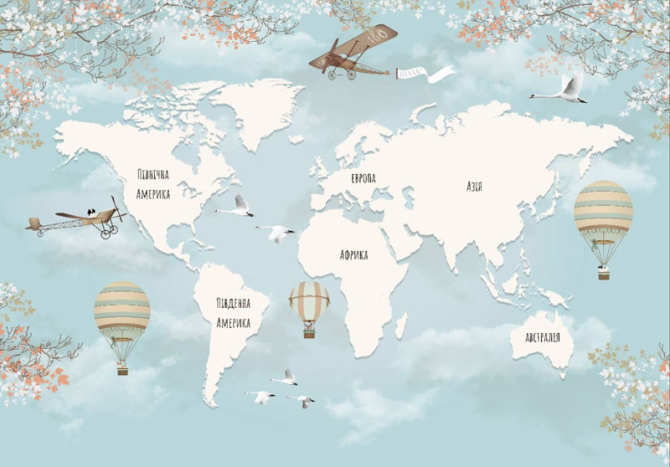 Фотошпалери Дитяча карта з континентами і гілками в блакитному кольорі.