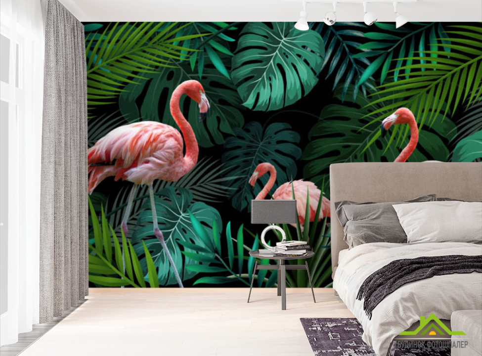 выбрать Фотошпалери фламінго на тропічних листках Фотошпалери різні на стіну
