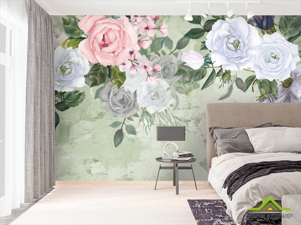 Фотошпалери акварельні квіти на зеленому тлі