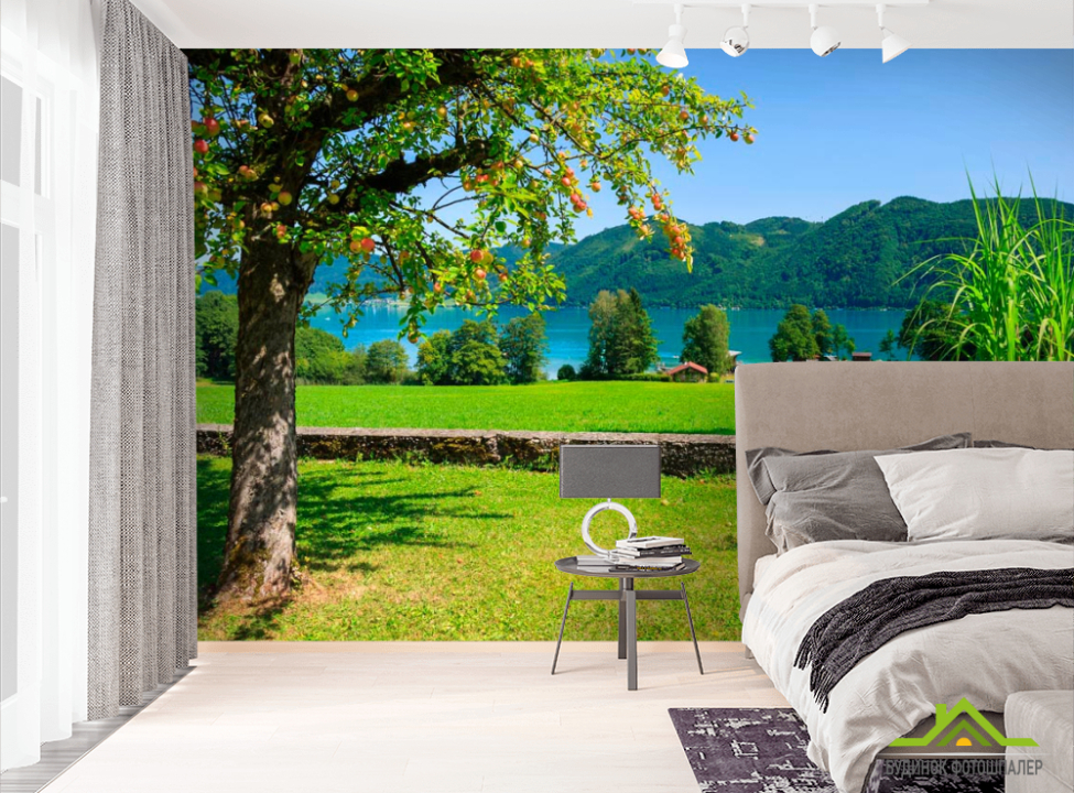 выбрать Фотошпалери Фотошпалери Яблуня, гори, вода Фотошпалери Природа на стіну