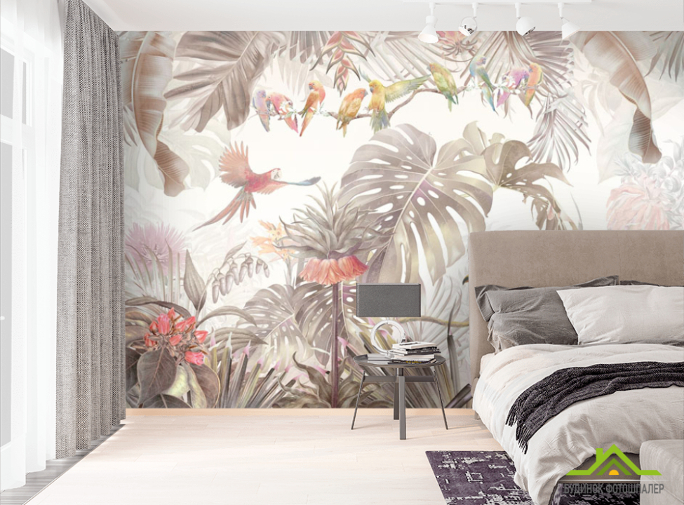 выбрать Фотообои Попугаи в тропиках Фотообои тропические листья на стену