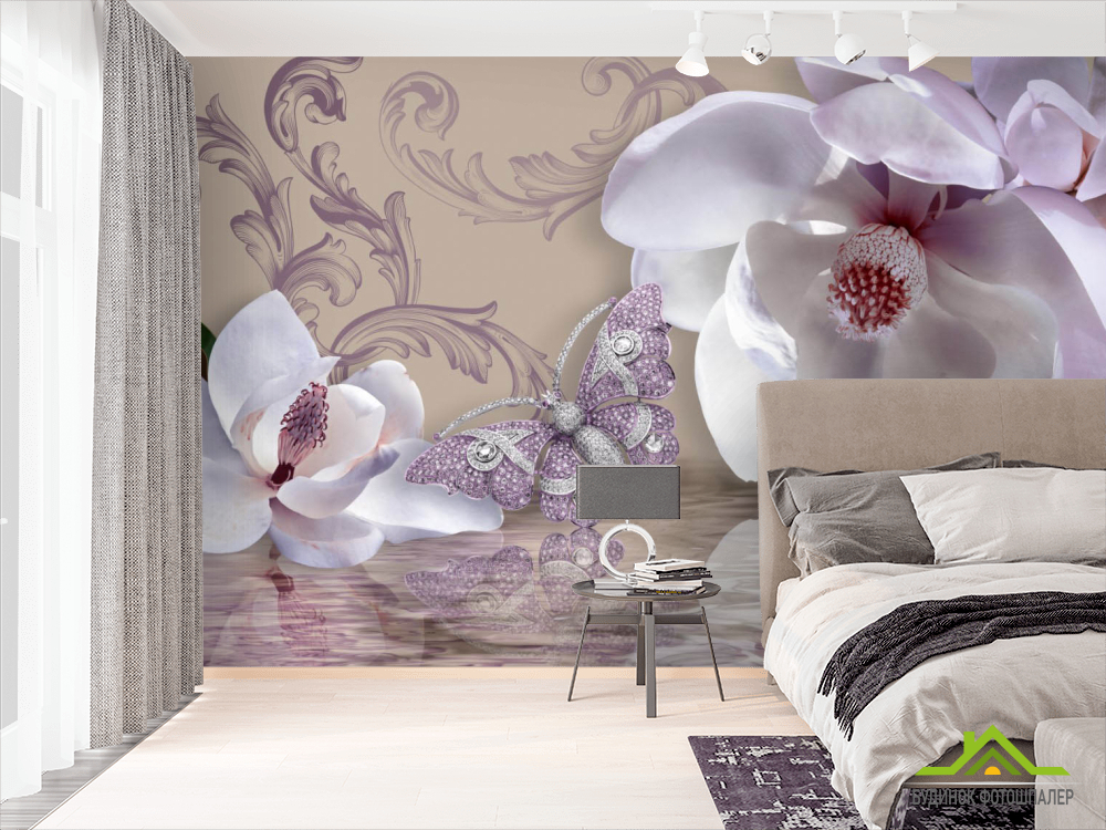 Фотошпалери 3д магнолії і брошка