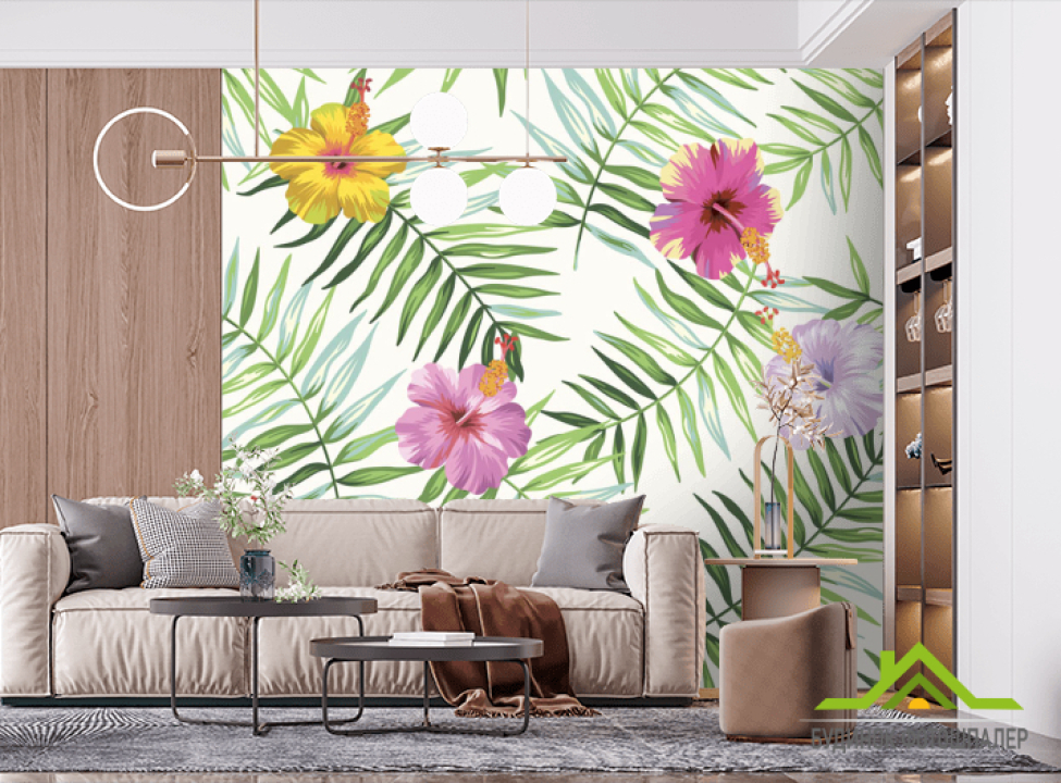 выбрать Фотошпалери Листя папороті і гібіскус Фотошпалери тропічні листя на стіну