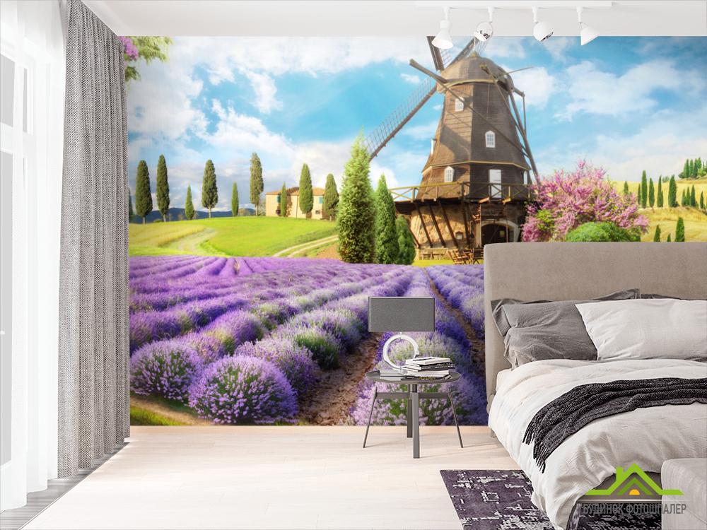 Фотообои Фреска с мельницей и лавандой