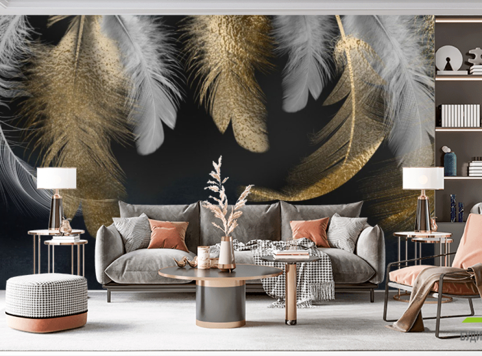 выбрать Фотообои золотые перья на чёрном Фотообои с золочением на стену