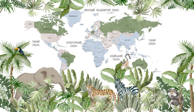 Фотошпалери Карта українською з тропічними тваринами