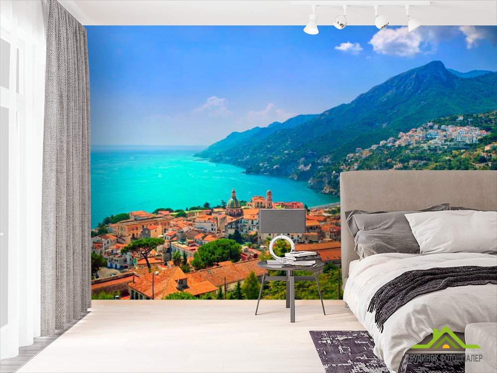 Фотошпалери Будинки, гори, вода