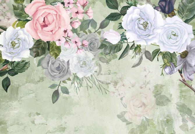 Фотошпалери акварельні квіти на зеленому тлі