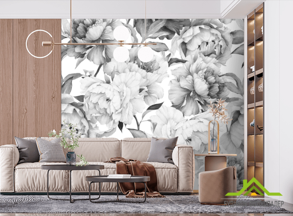 выбрать Фотообои черно-белые пионы Фотообои Цветы на стену