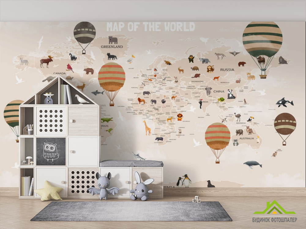 Фотообои Карта мира детская в бежевом цвете на английском