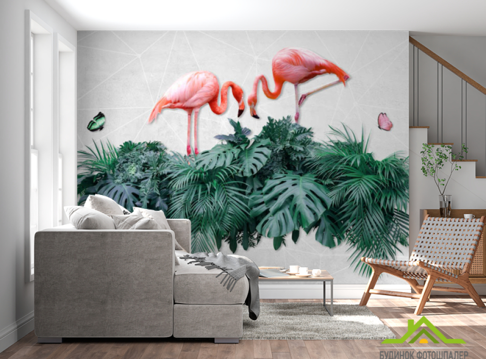 выбрать Фотошпалери фламінго на тропічних листках Фотошпалери різні на стіну