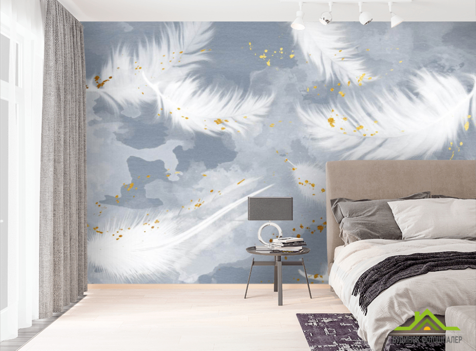 выбрать Фотошпалери Пір'я на блакитному з золотом Фотошпалери пір'я на стіну