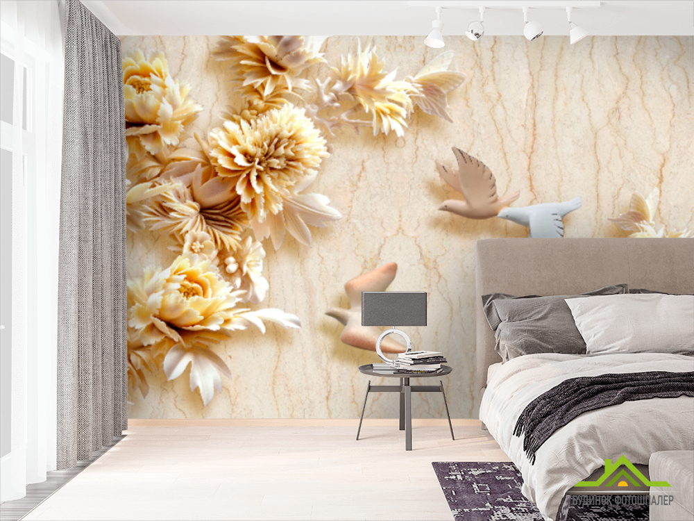 Фотошпалери Стеоскопические квіти і голуби