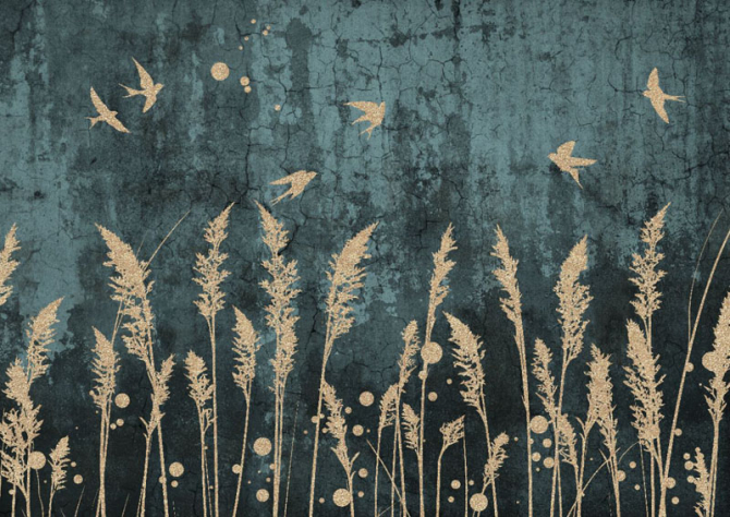 Фотообои Золотые сухоцветы с птичками.