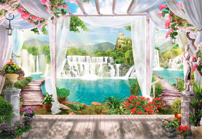 Фотошпалери Водоспад, замок, квіти