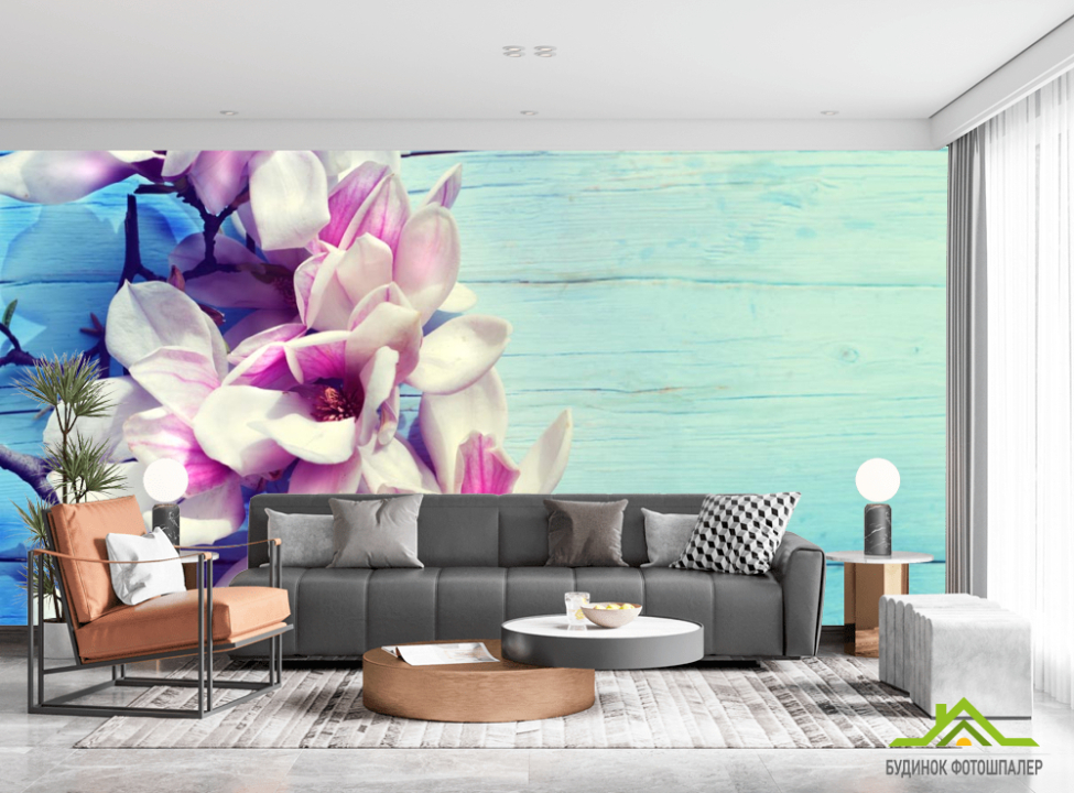 выбрать Фотообои цветы на голубом деревянном фоне Фотообои Цветы на стену