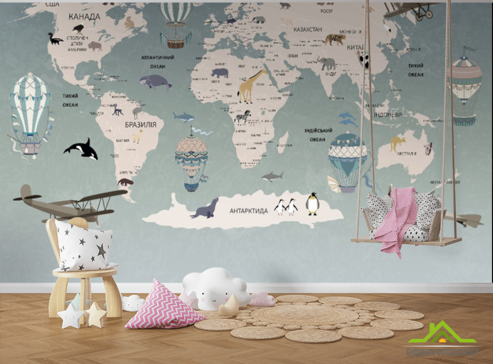 выбрать Фотообои Детская карта на украинском с воздушными шарами и самолетами Фотообои Развивающие карты на стену