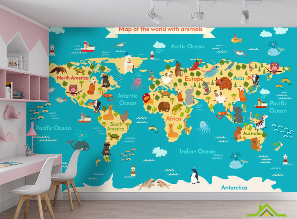выбрать Фотообои Бирюзовая карта с животными Фотообои Развивающие карты на стену
