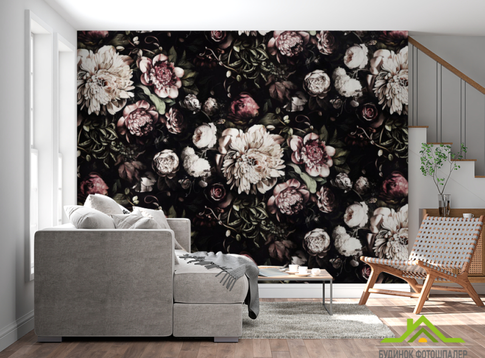 выбрать Фотошпалери Класичні квіти на чорному тлі Фотошпалери Квіти на стіну