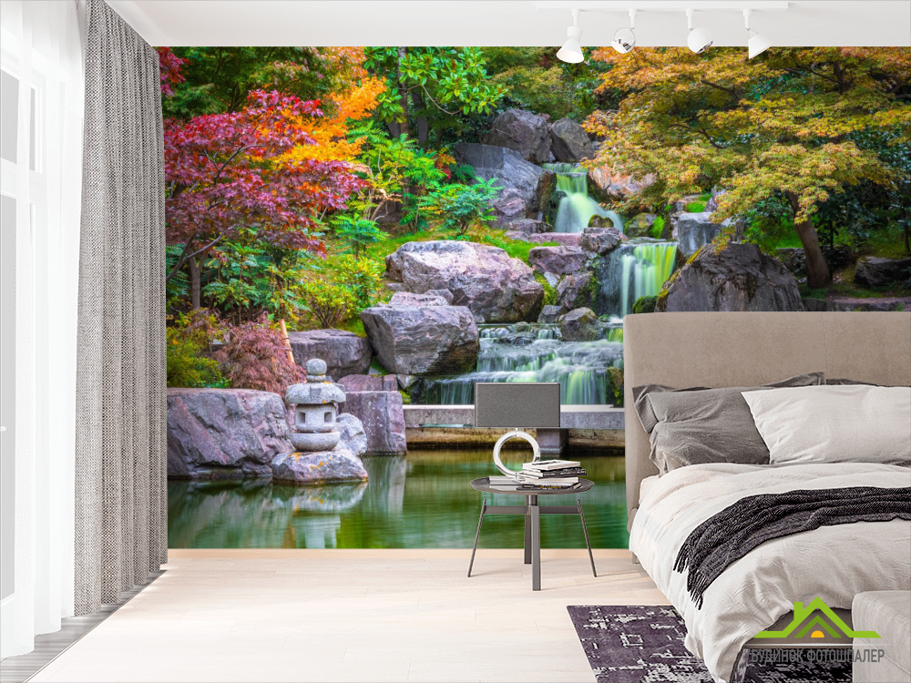 Фотошпалери водоспад в японському саду