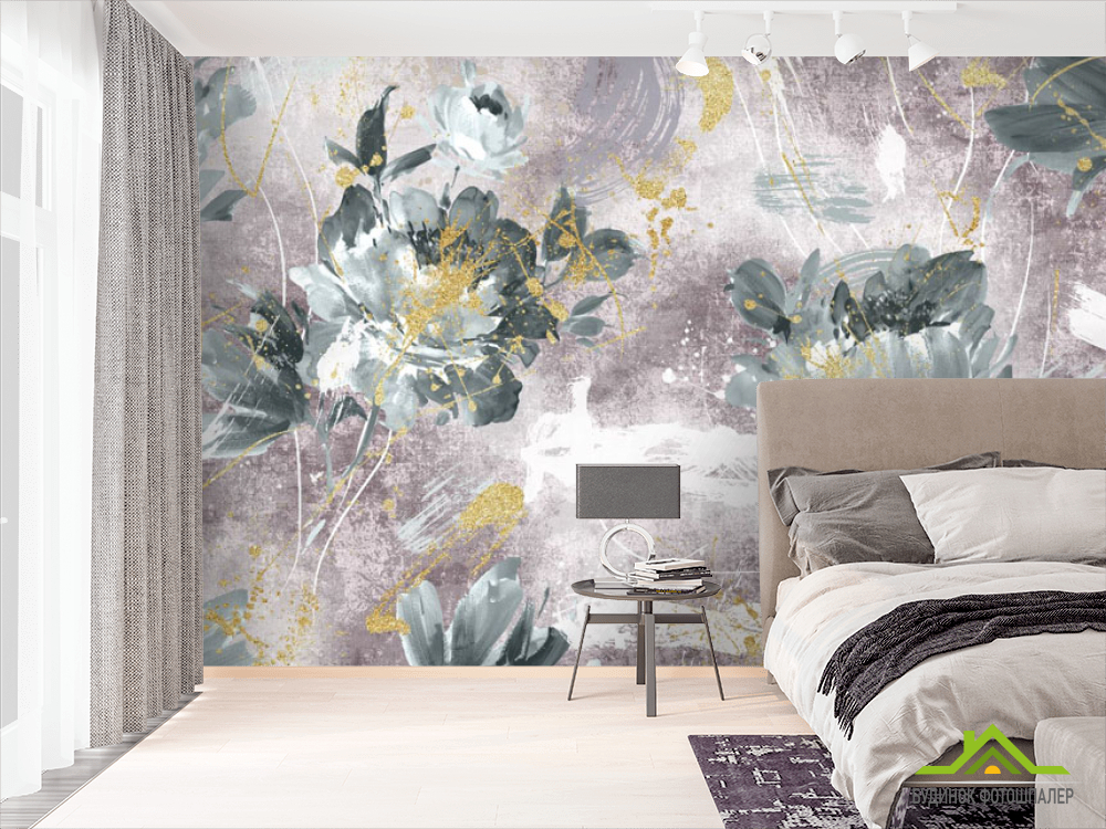 Фотошпалери дизайнерські квіти з золотом рожеві.