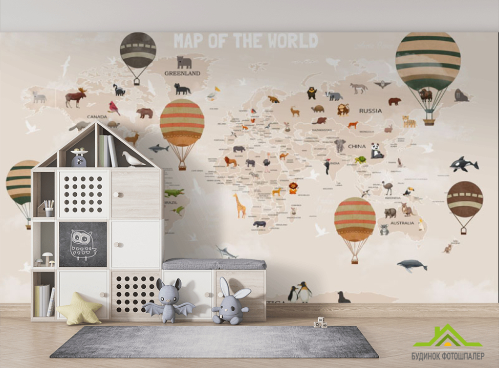 выбрать Фотошпалери Карта світу дитяча в бежевому кольорі англійською Фотошпалери Розвиваючі карти на стіну