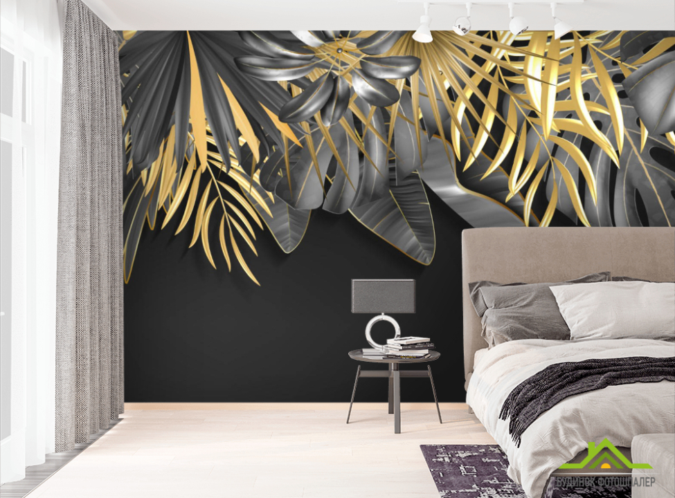 выбрать Фотообои Золотые листья на черном Фотообои тропические листья на стену