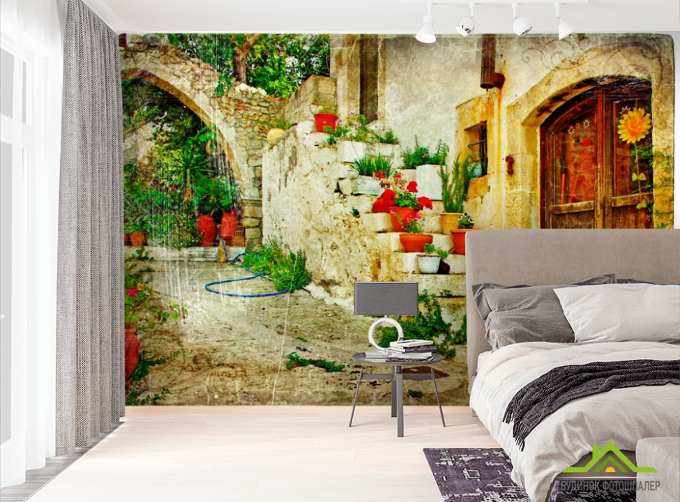 выбрать Фотошпалери Квіти в горщиках на сходинках Фотошпалери Старовинне місто на стіну