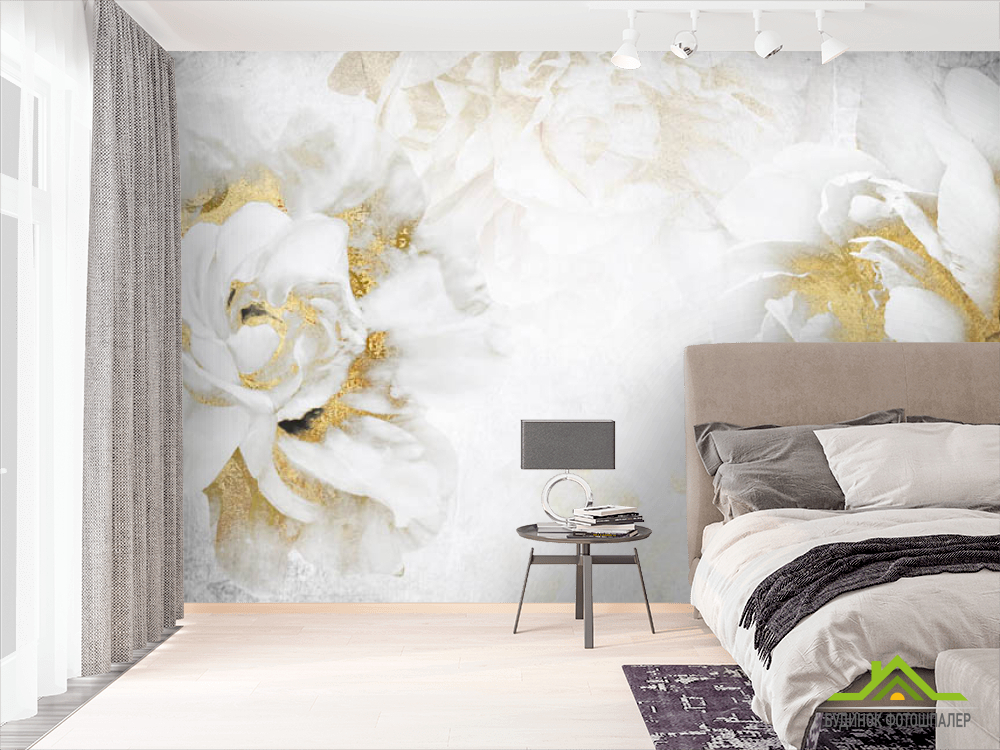 Фотошпалери білі квіти з золотом