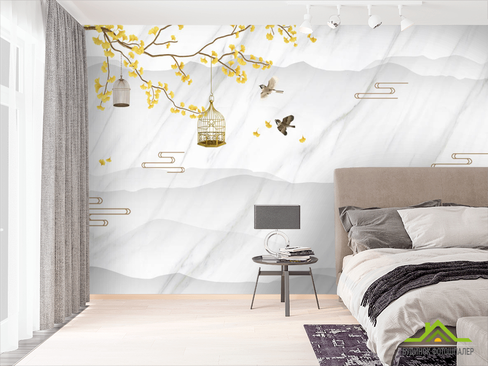 Фотошпалери Гілка гінкго та птиці в клітці