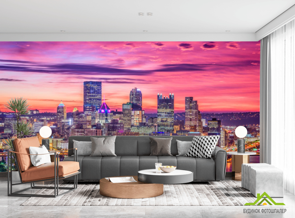 выбрать Фотошпалери яскраво-рожеве небо над містом Фотошпалери Місто на стіну