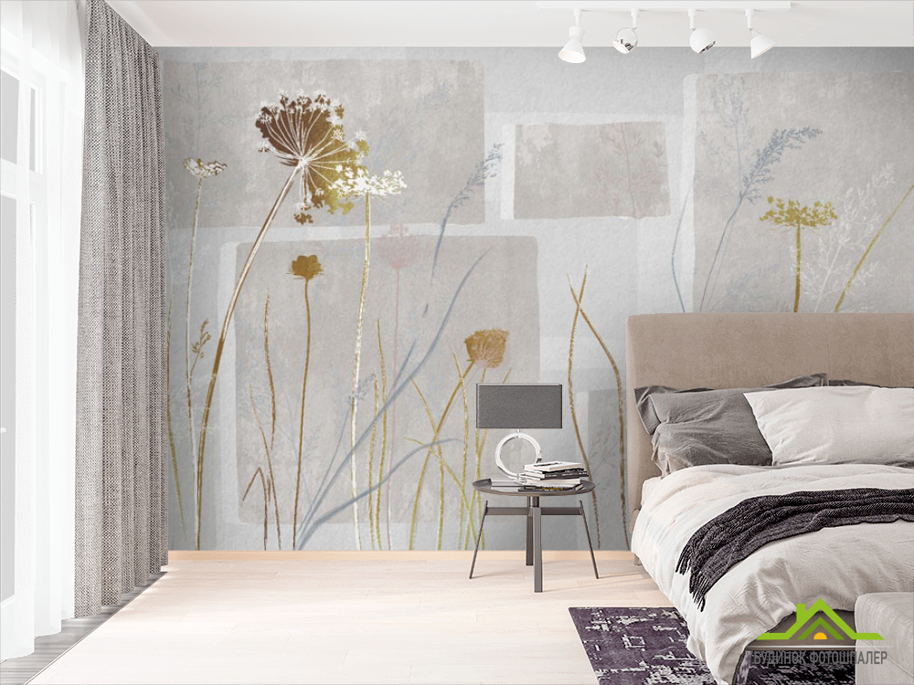 Фотошпалери сушені квіти на сірому дизайнерському тлі.