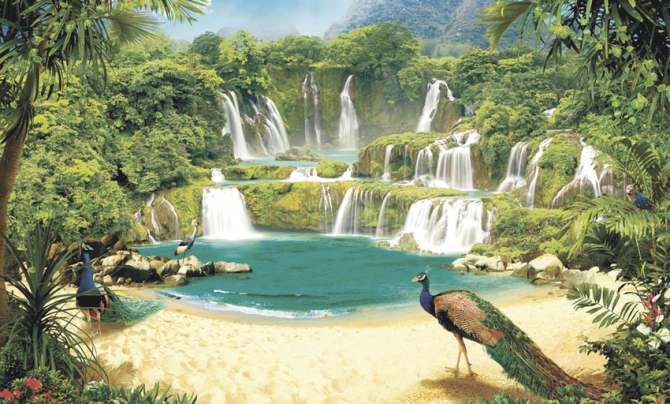 Фотообои Водопад с павлинами