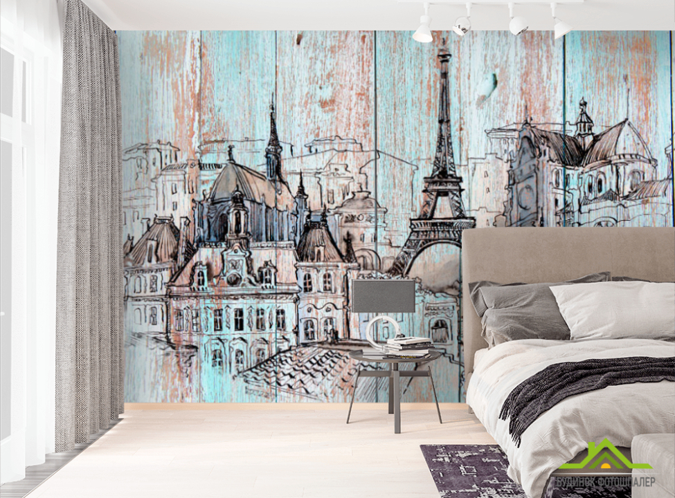 выбрать Фотошпалери Париж на деревяних дошках Фотошпалери Ілюстрації на стіну
