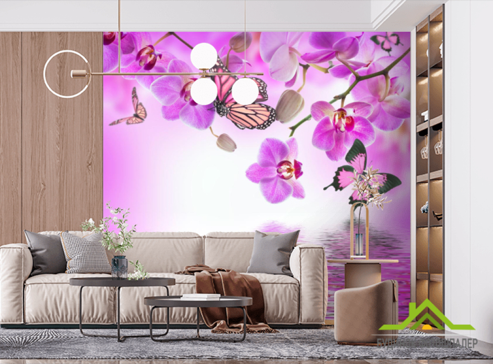 выбрать Фотообои орхидеи с бабочками над водой Фотообои Цветы на стену