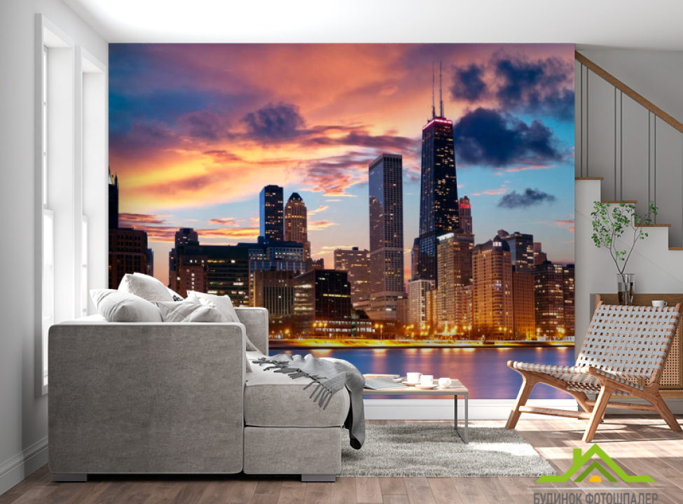 выбрать Фотообои Закат, город, вода в Чикаго Фотообои Город на стену