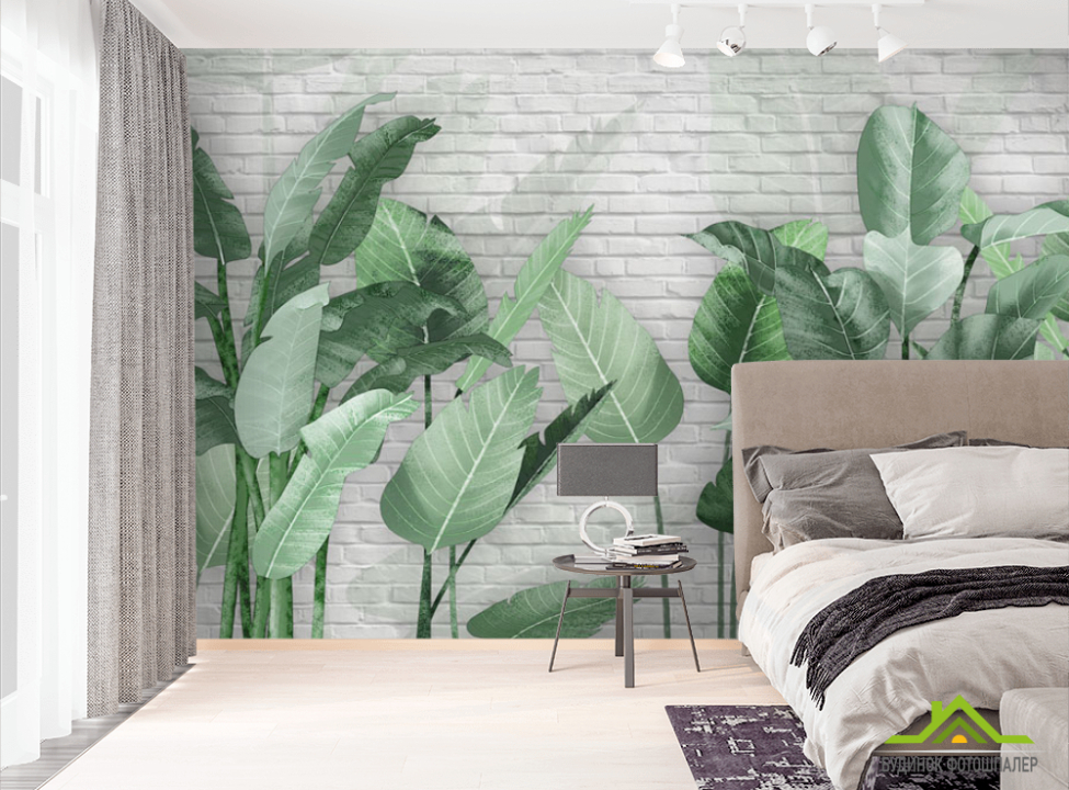 выбрать Фотошпалери Бананові листя на тлі цегляному Фотошпалери тропічні листя на стіну