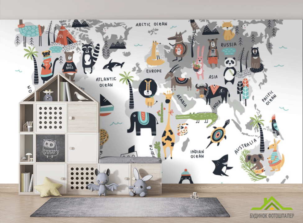 выбрать Фотошпалери Карта світу з тваринами Фотошпалери Розвиваючі карти на стіну